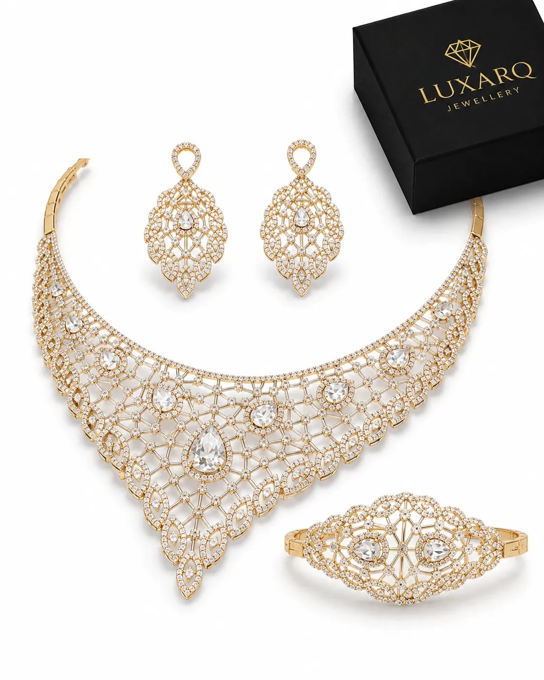 LUXARQ Gold Plated Statement Necklace Set with Earrings & Bracelet