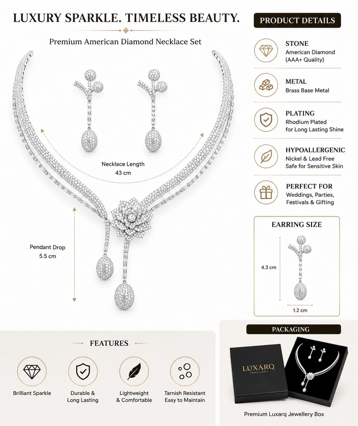 LUXARQ Stunning AAA+ CZ Rhodium Plated  Necklace Set