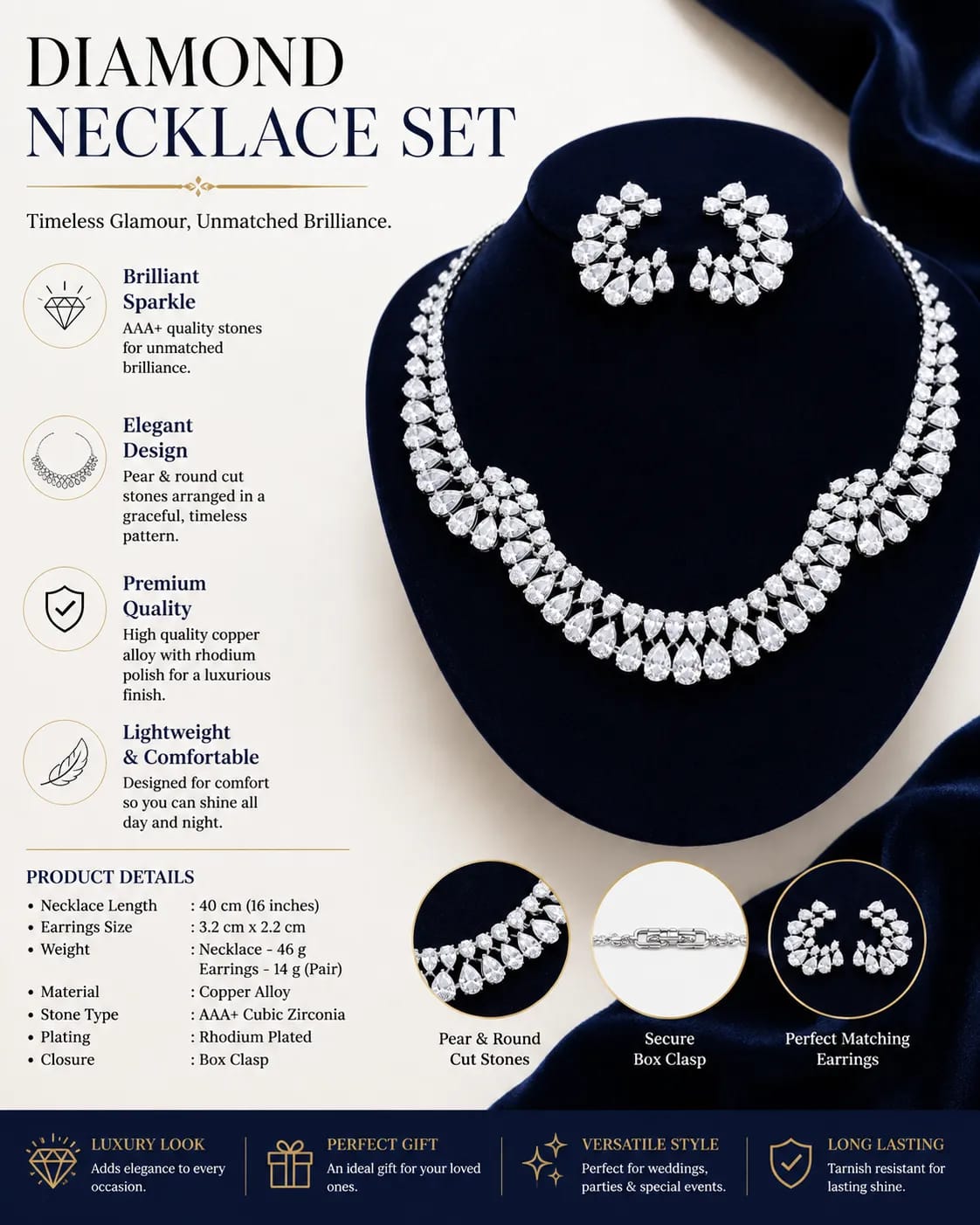 LUXARQ AAA+ Cubic Zirconia Rhodium Plated  Necklace Set