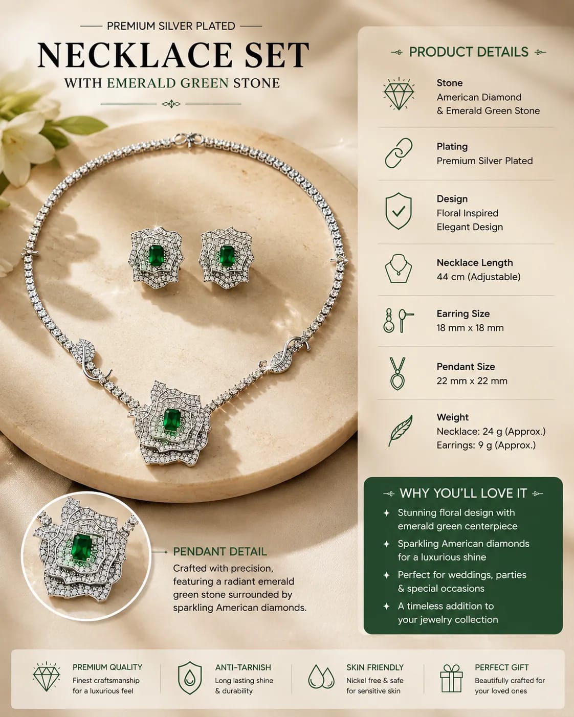LUXARQ Silver Plated Emerald Green Necklace Set