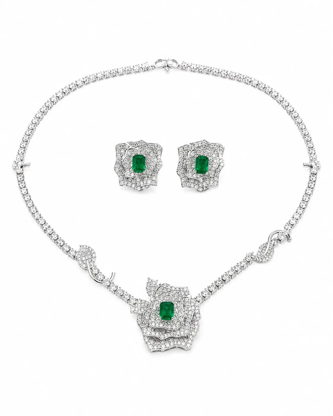 LUXARQ Silver Plated Emerald Green Necklace Set