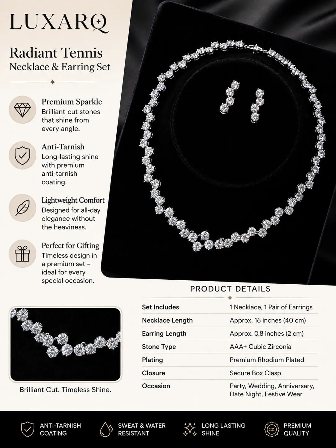 LUXARQ Radiant CZ Tennis Rhodium Plated Necklace & Earrings Set