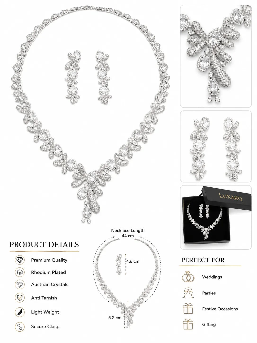 LUXARQ Austrian Crystal Rhodium Plated Necklace Set