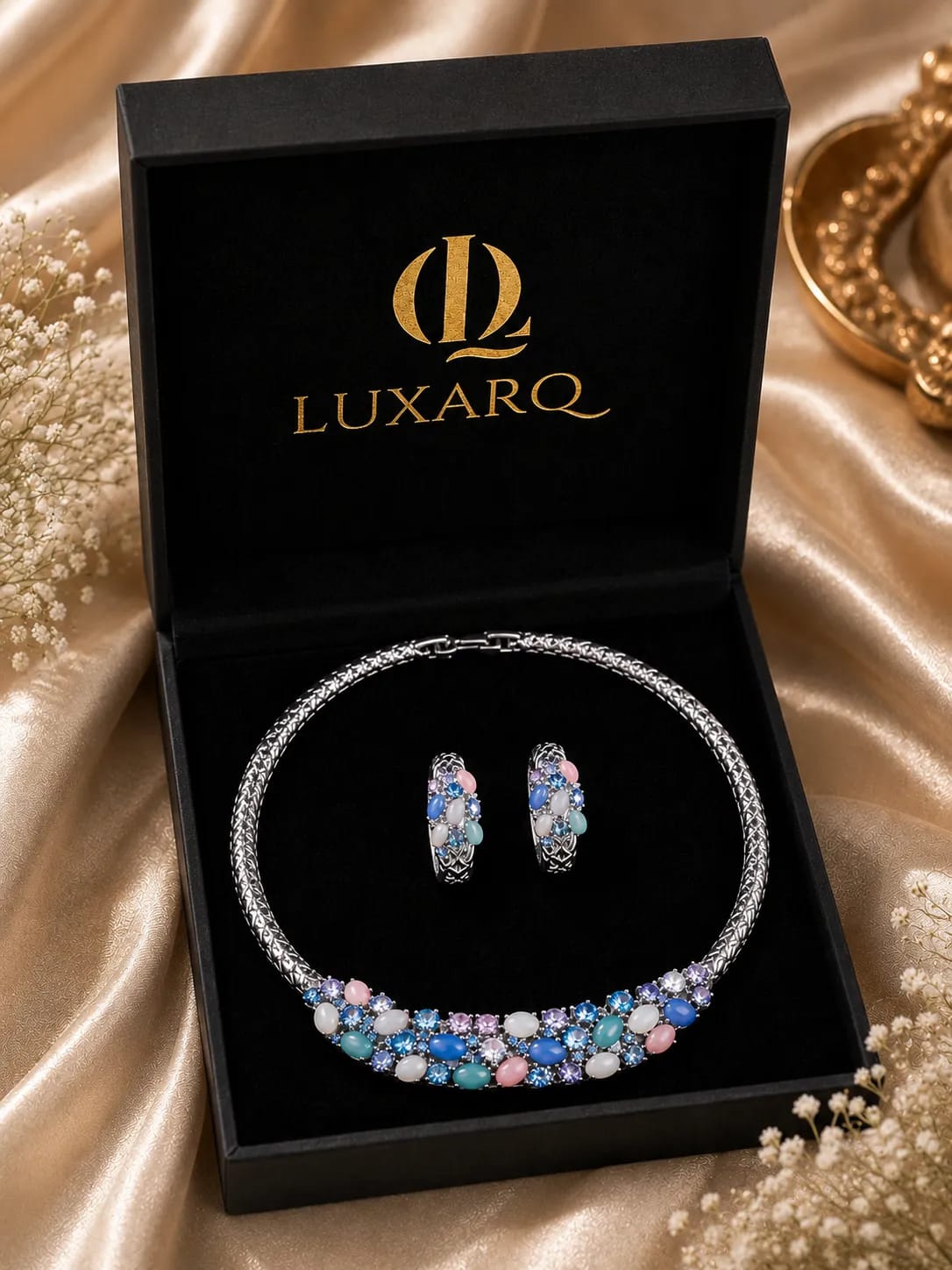 LUXARQ Rhodium Plated Multicolour Statement Necklace Set