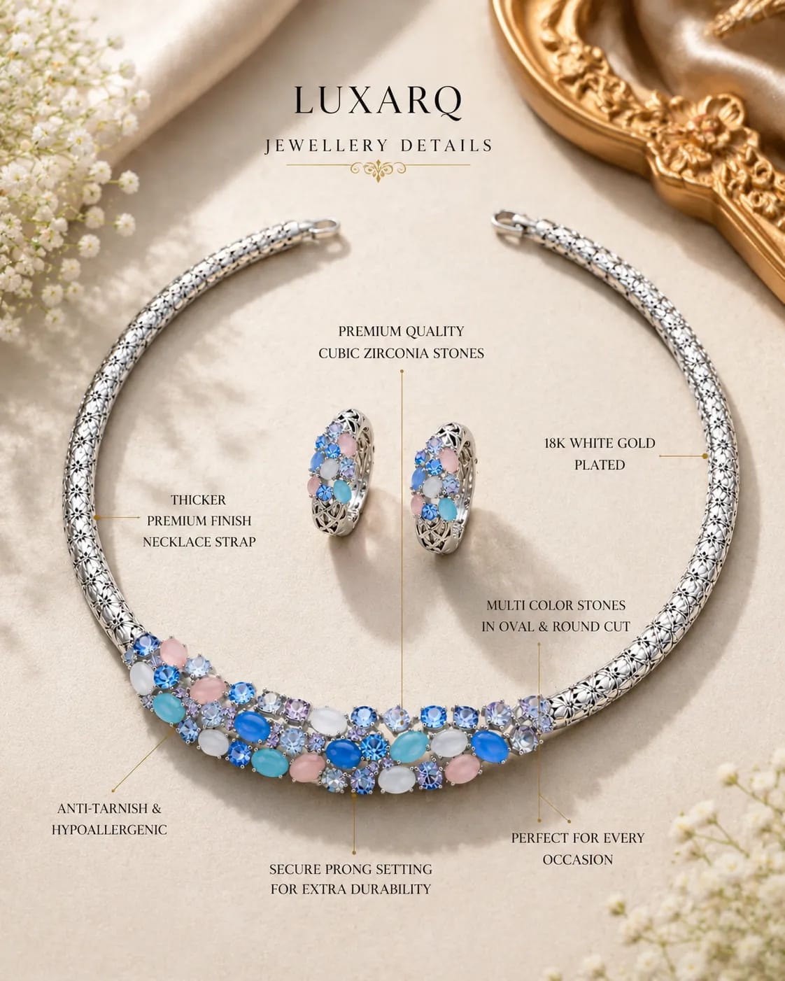 LUXARQ Rhodium Plated Multicolour Statement Necklace Set