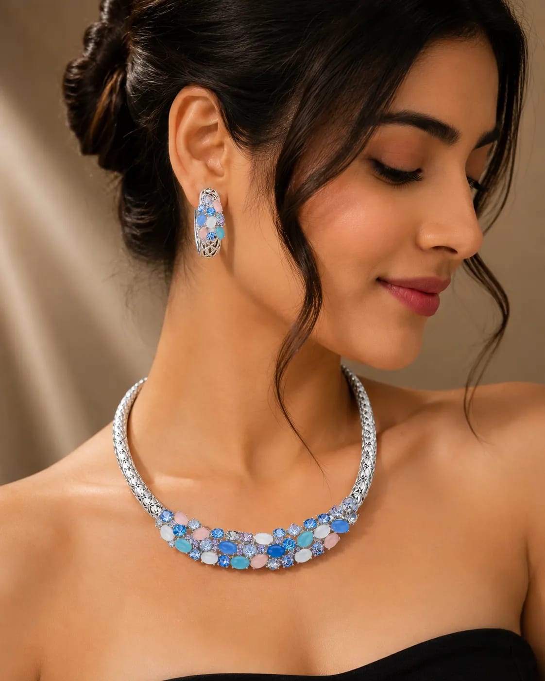 LUXARQ Rhodium Plated Multicolour Statement Necklace Set
