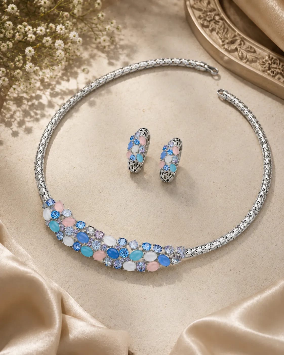 LUXARQ Rhodium Plated Multicolour Statement Necklace Set