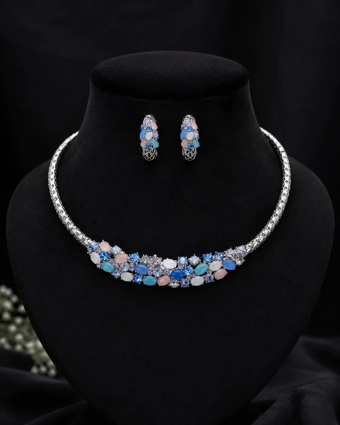 LUXARQ Rhodium Plated Multicolour Statement Necklace Set