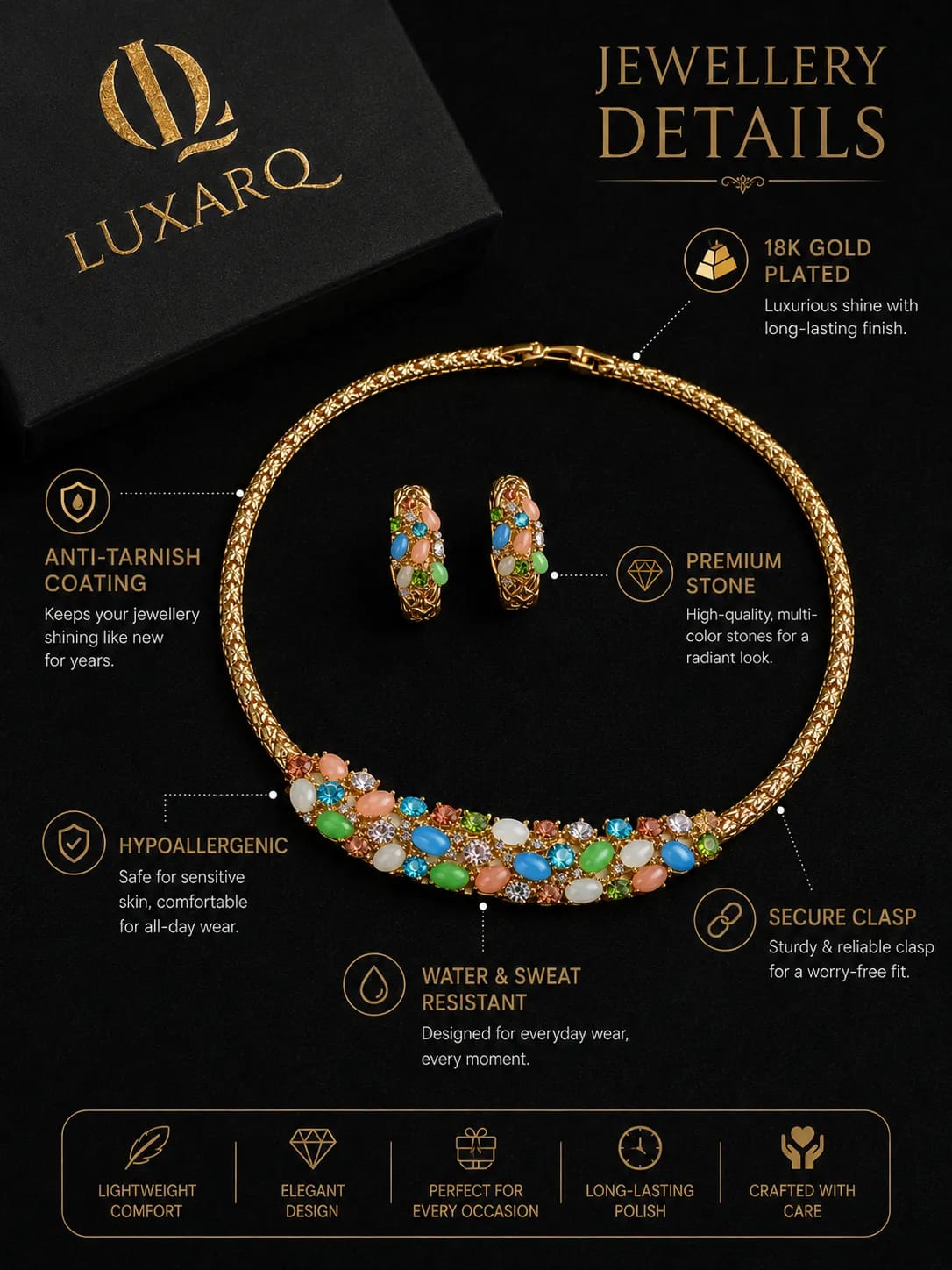 LUXARQ Gold Plated Multicolour Statement Necklace Set