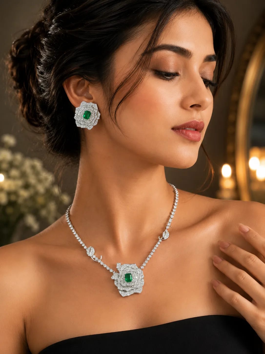 LUXARQ Silver Plated Emerald Green Necklace Set
