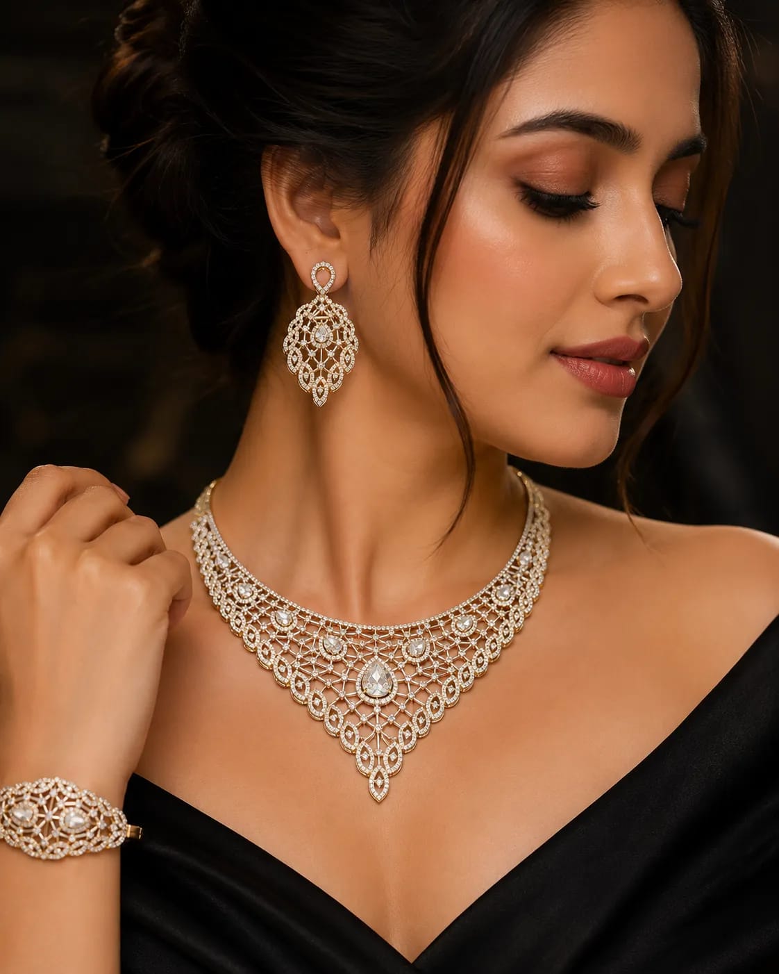 LUXARQ Gold Plated Statement Necklace Set with Earrings & Bracelet