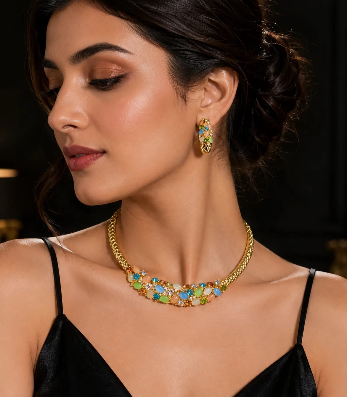 LUXARQ Gold Plated Multicolour Statement Necklace Set