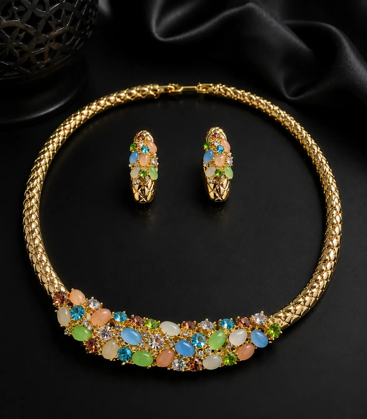 LUXARQ Gold Plated Multicolour Statement Necklace Set
