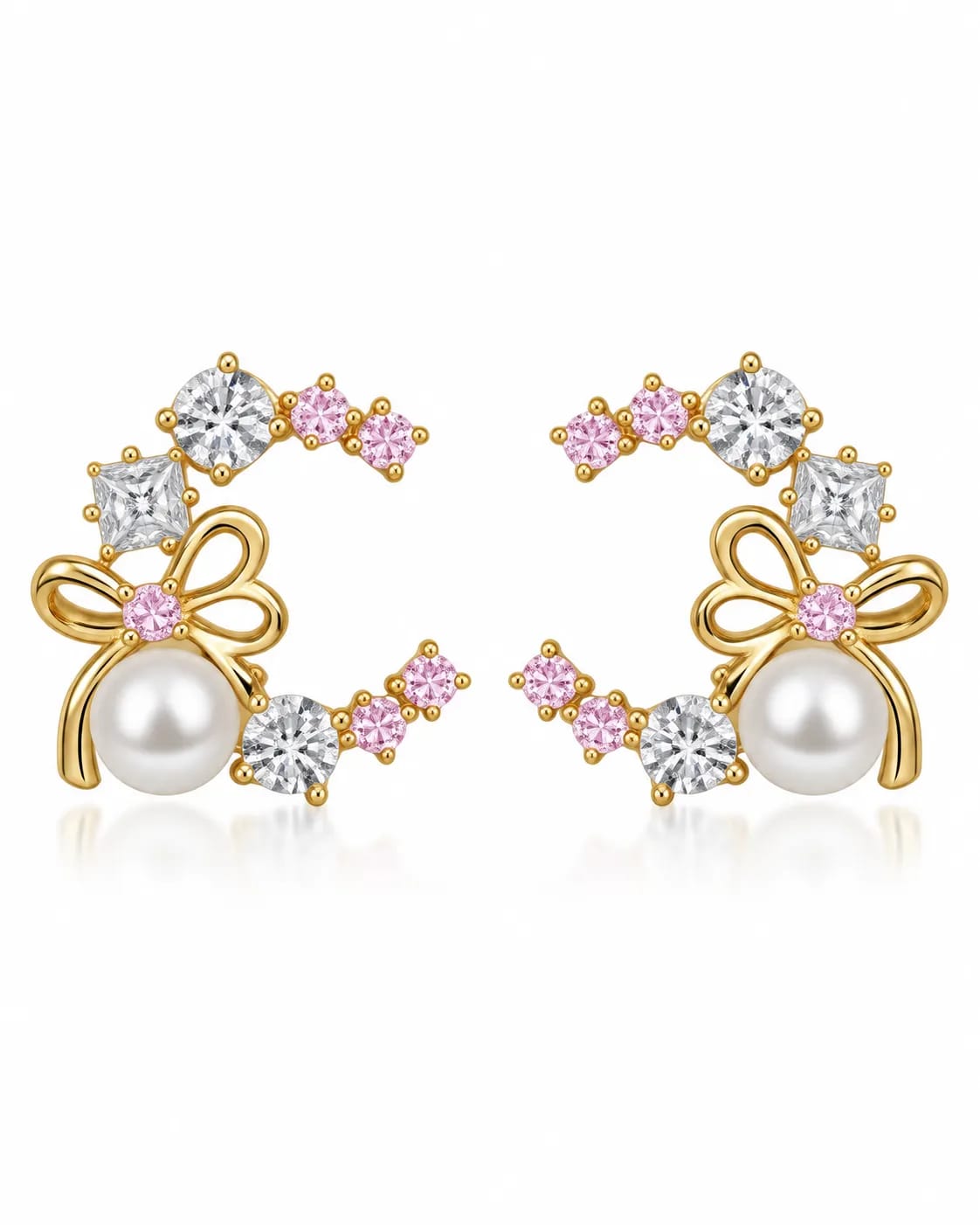LUXARQ Pink CZ Pearl Bow Stud Earrings