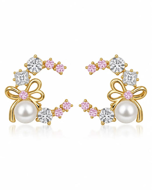 Roselle Pink CZ Pearl Bow Stud Earrings