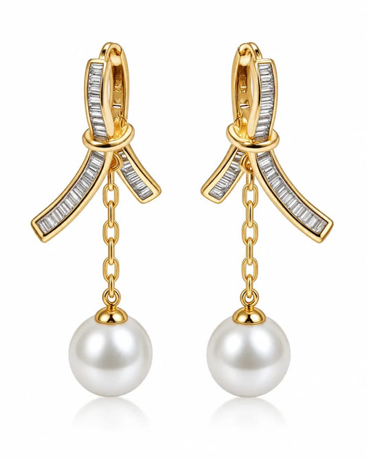 Pearlina Gold Bow Pearl Drop Earrings
