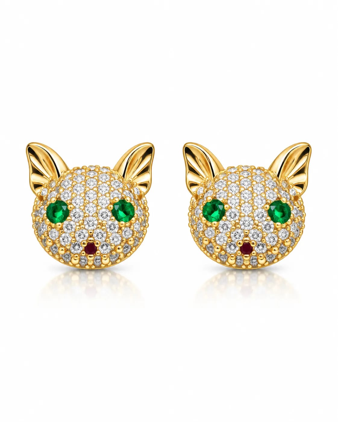 Feline Cat Face CZ Stud Earrings