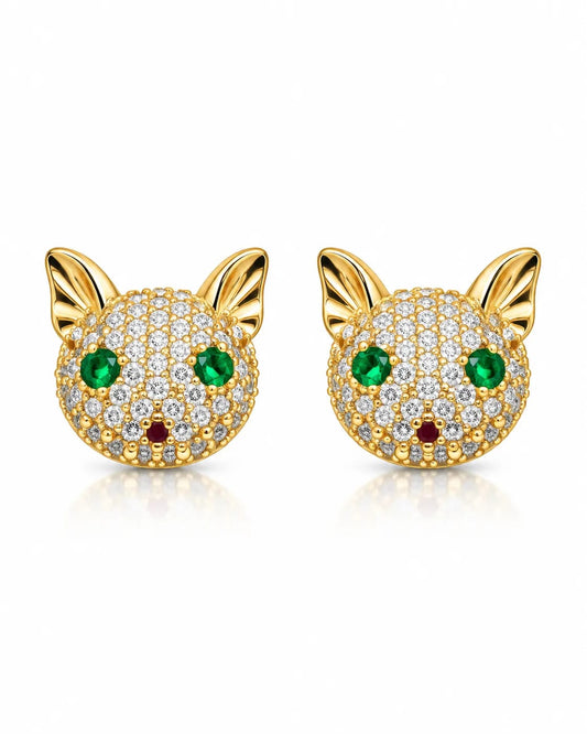 Feline Cat Face CZ Stud Earrings