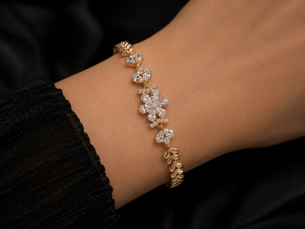 LUXARQ Floral Crystal Gold Plated Chain Bracelet for Women