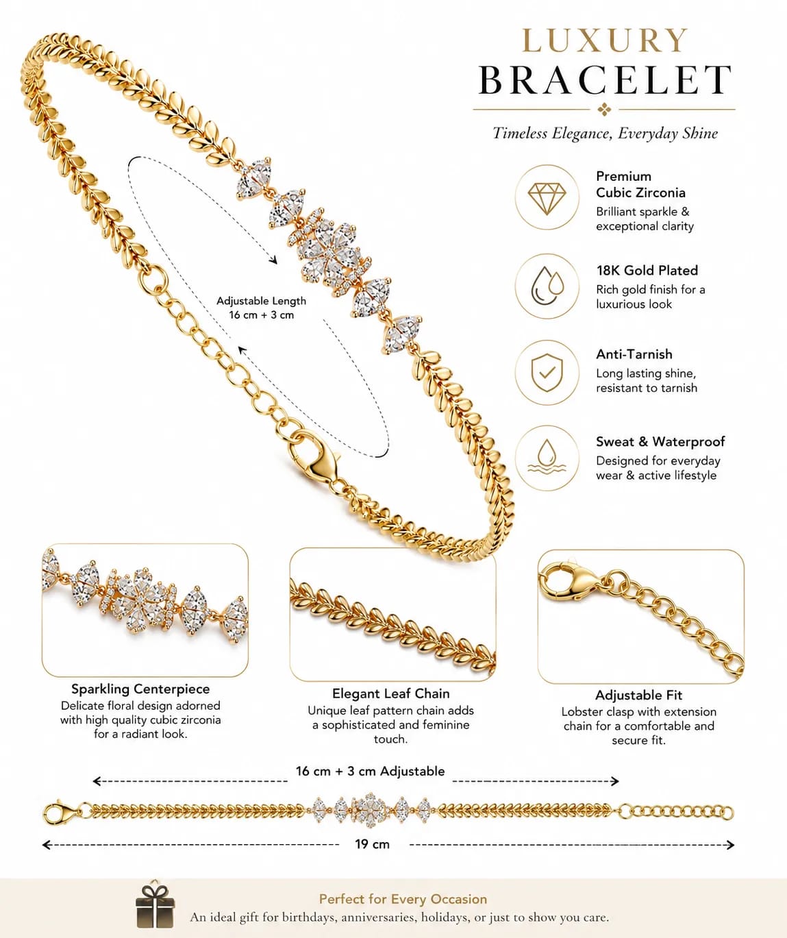 LUXARQ Floral Crystal Gold Plated Chain Bracelet for Women
