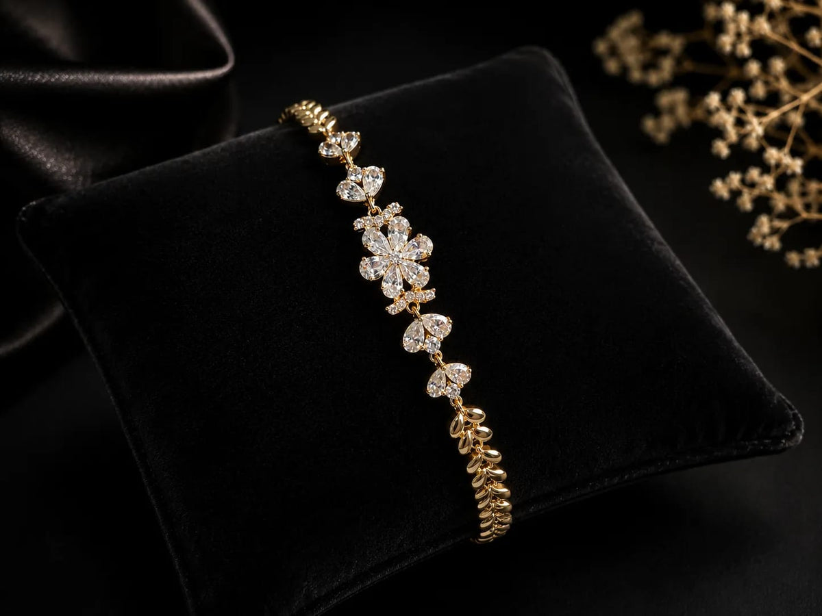 LUXARQ Floral Crystal Gold Plated Chain Bracelet for Women