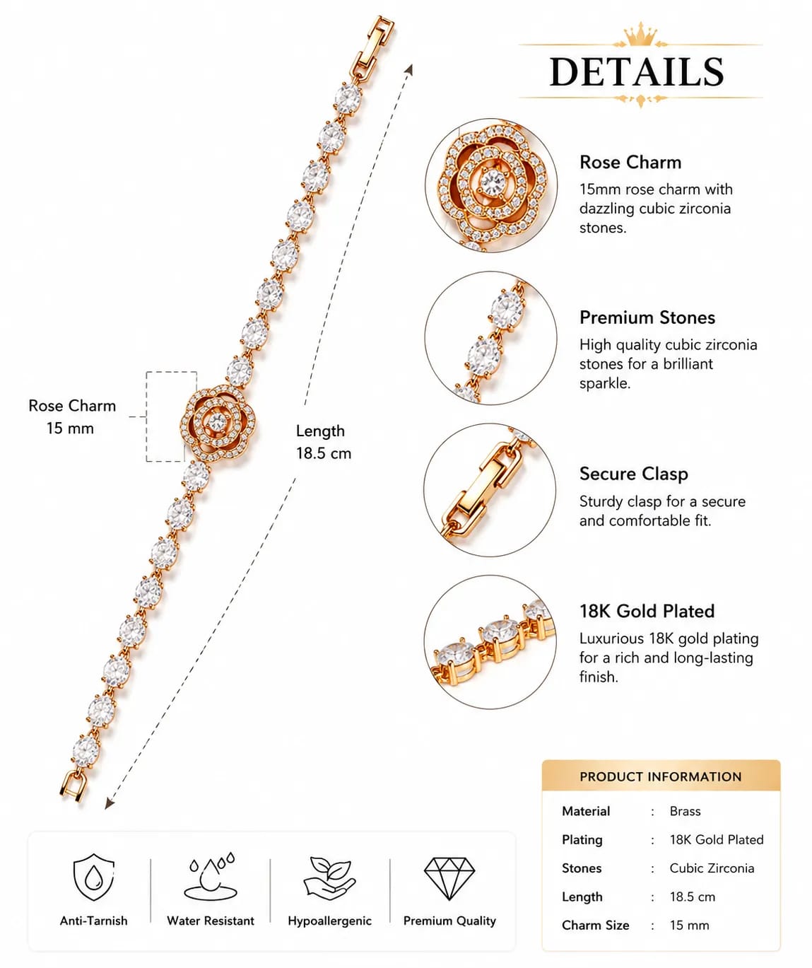 Rosavelle 18K Gold CZ Rose Charm Bracelet