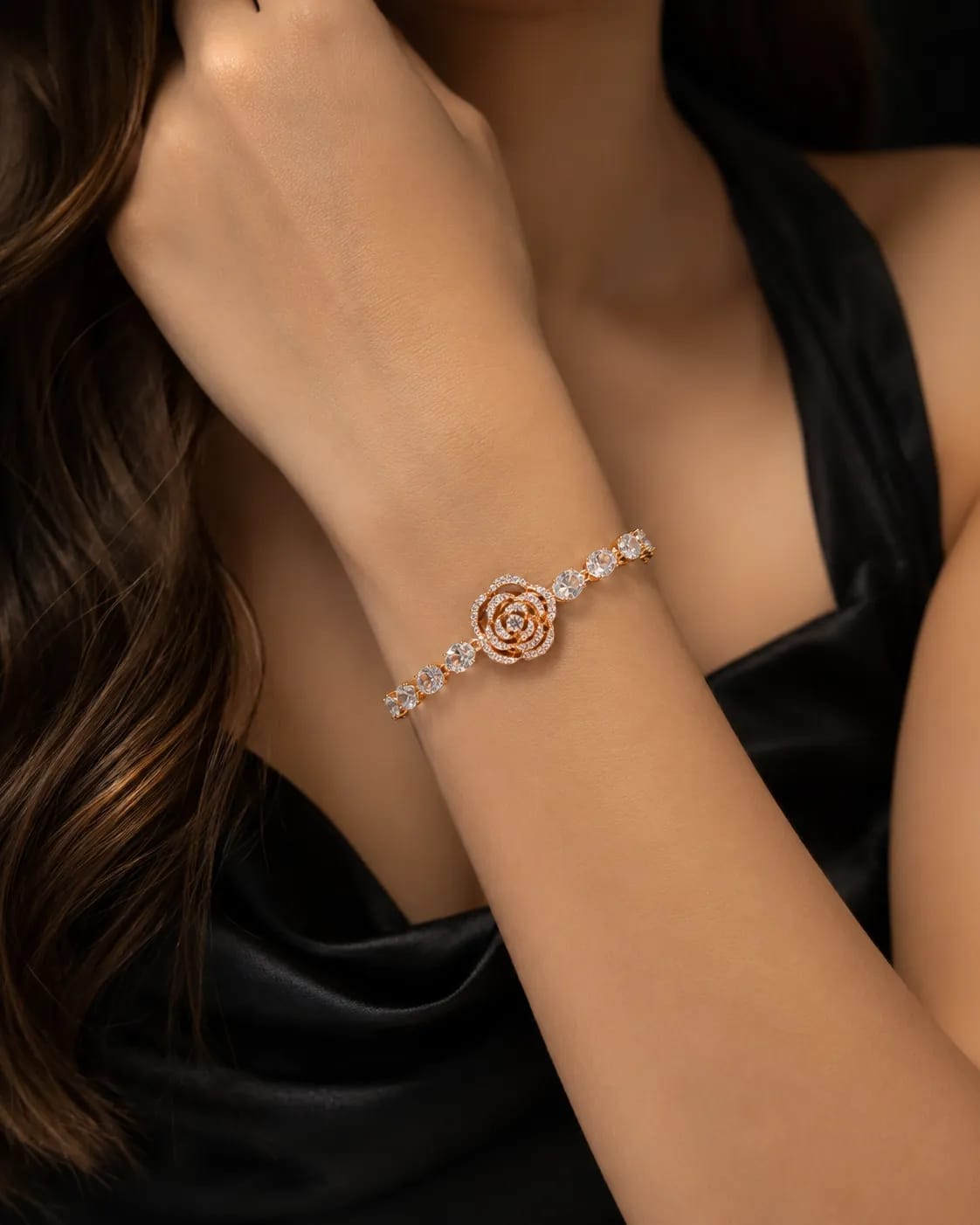 Rosavelle 18K Gold CZ Rose Charm Bracelet