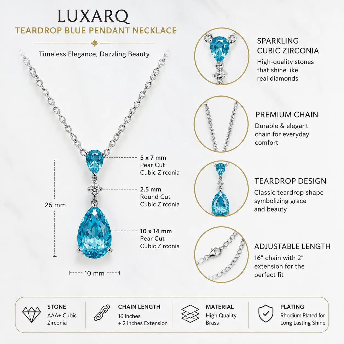 Aqualine Blue CZ Teardrop Pendant Necklace