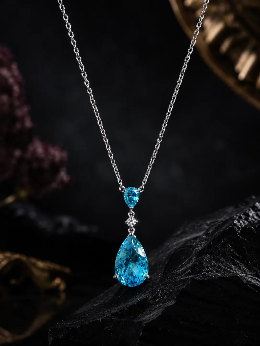 Aqualine Blue CZ Teardrop Pendant Necklace