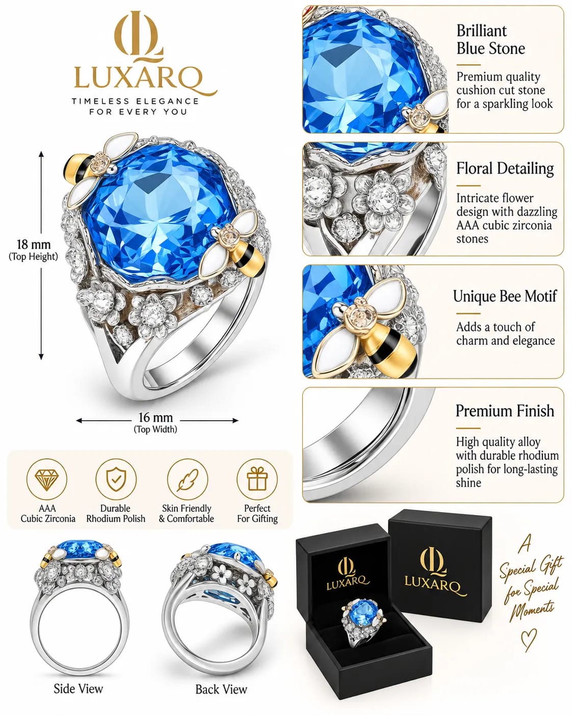 Aquella Blue Cushion Stone Statement Ring