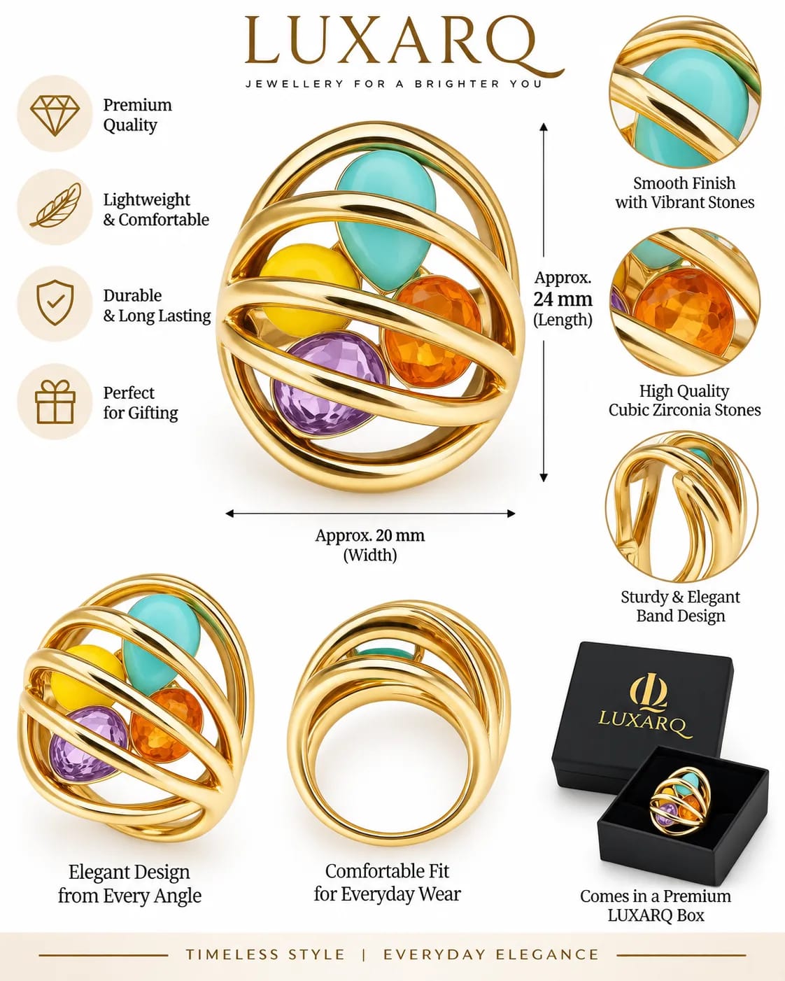 Prismora Multicolour CZ Statement Ring