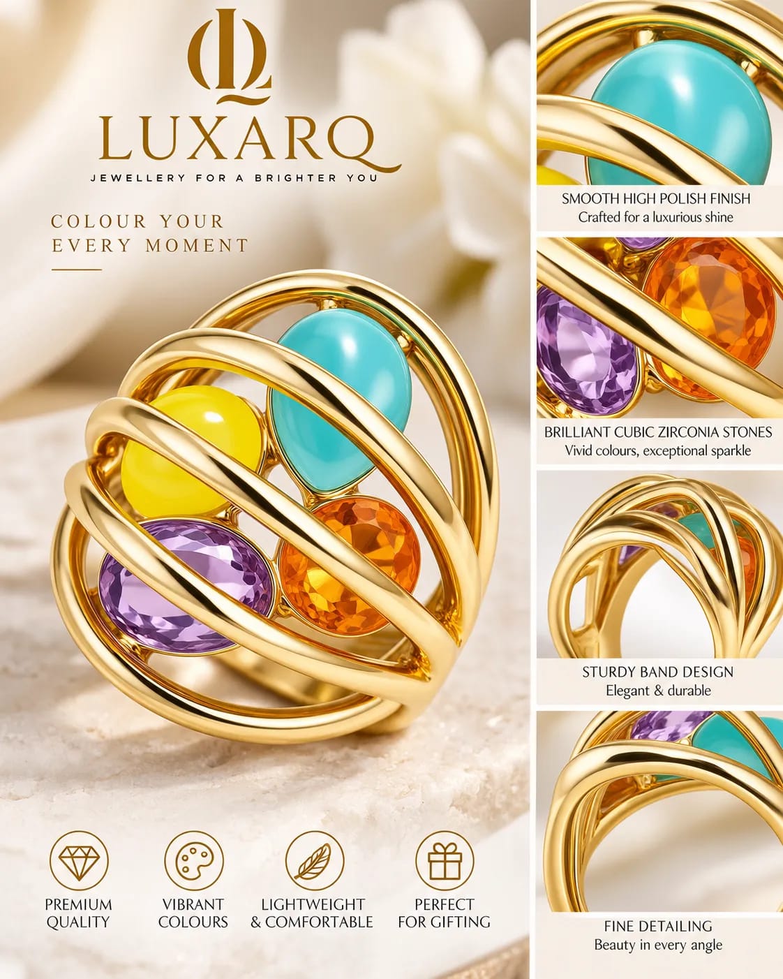 Prismora Multicolour CZ Statement Ring