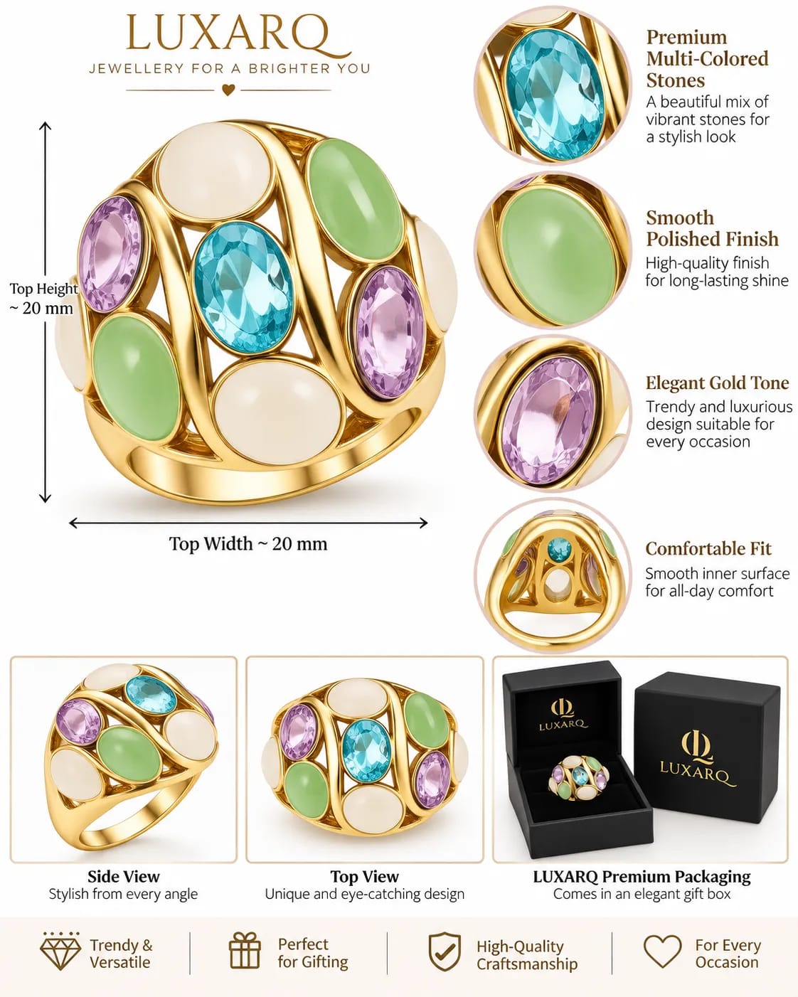 Olivara Multicolour Oval Stone Statement Ring
