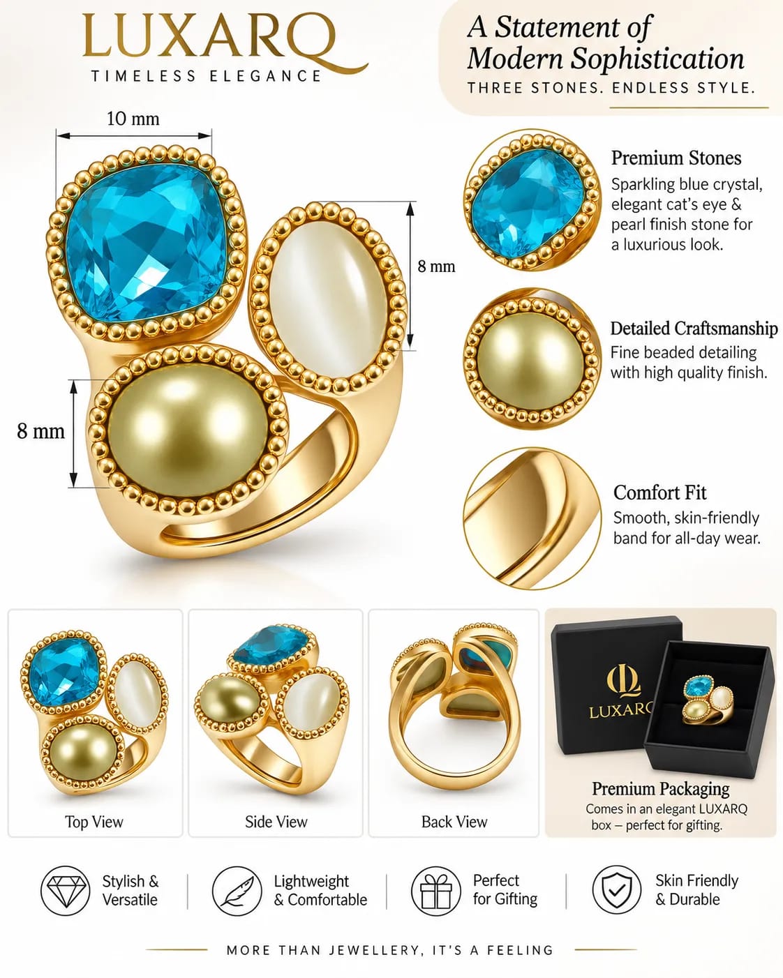 Aurelia Blue Triple Stone Statement Ring