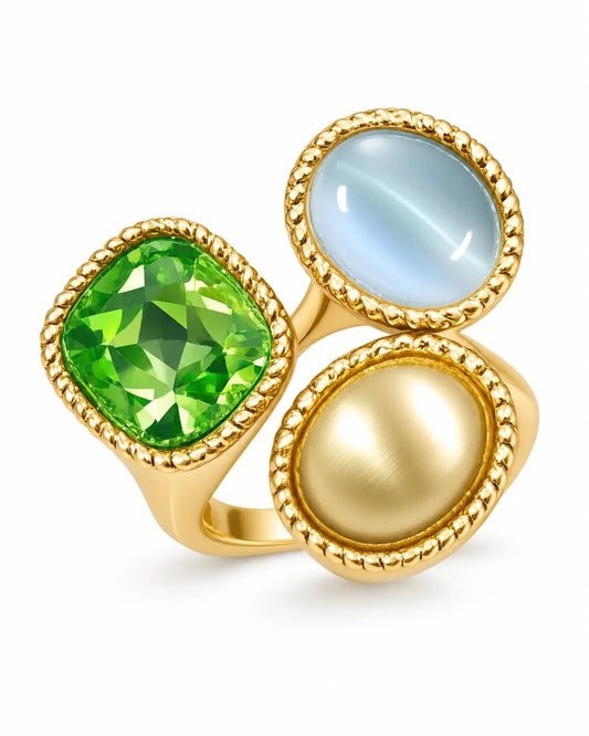 Trivella Green Blue Triple Stone Statement Ring