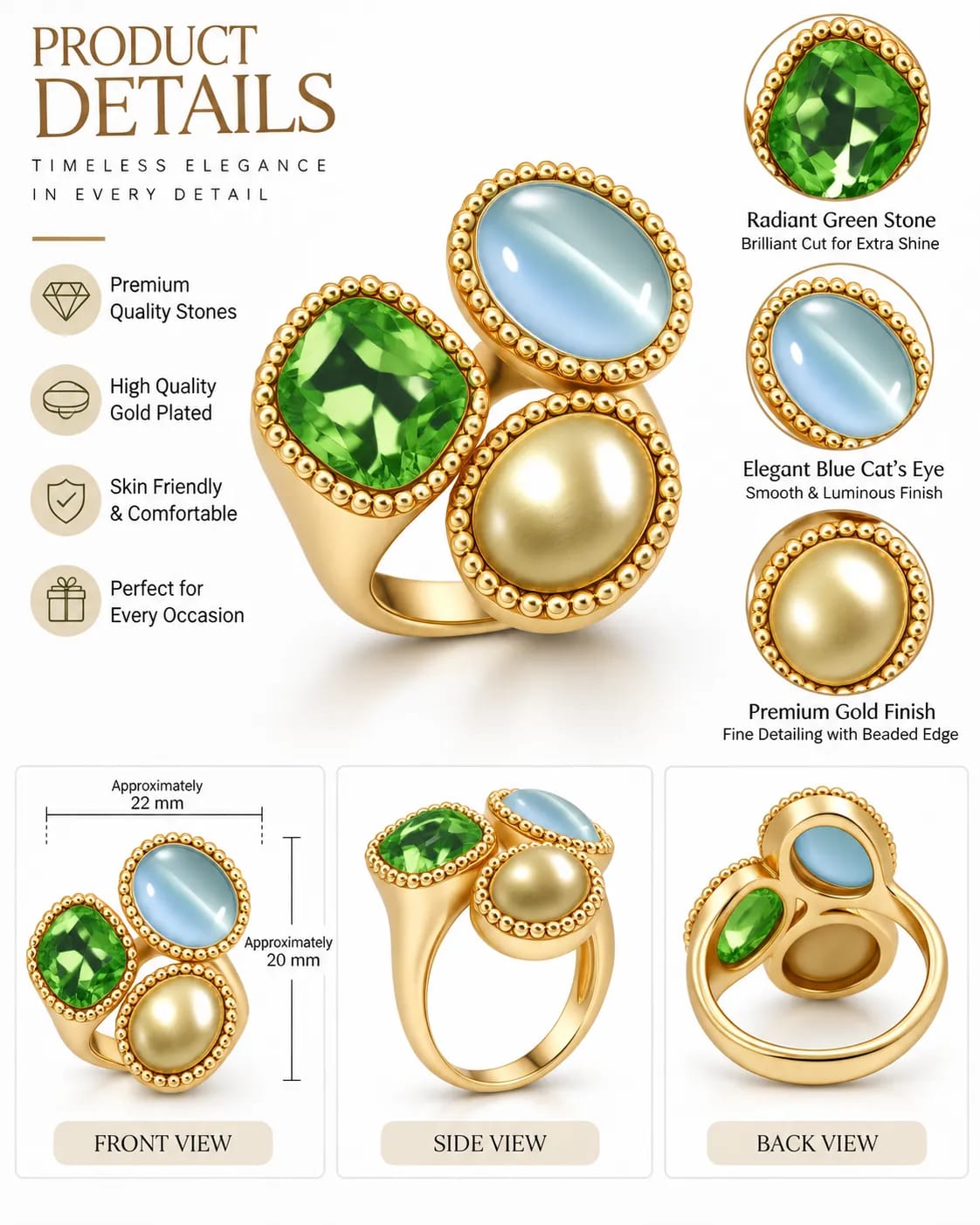 Trivella Green Blue Triple Stone Statement Ring