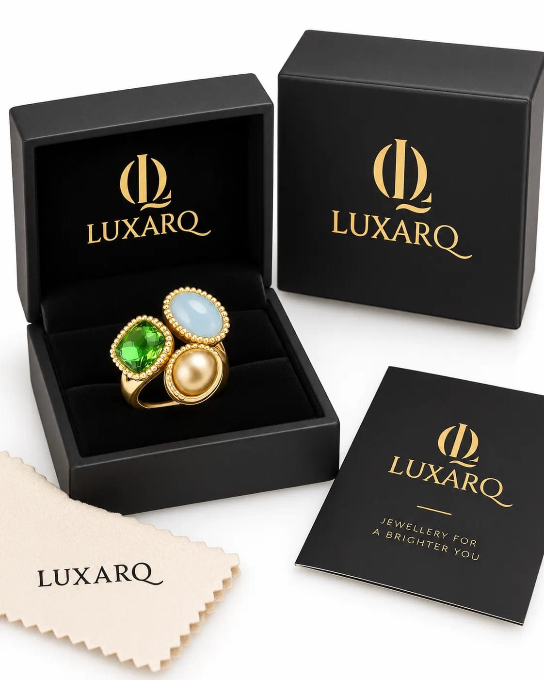 Trivella Green Blue Triple Stone Statement Ring