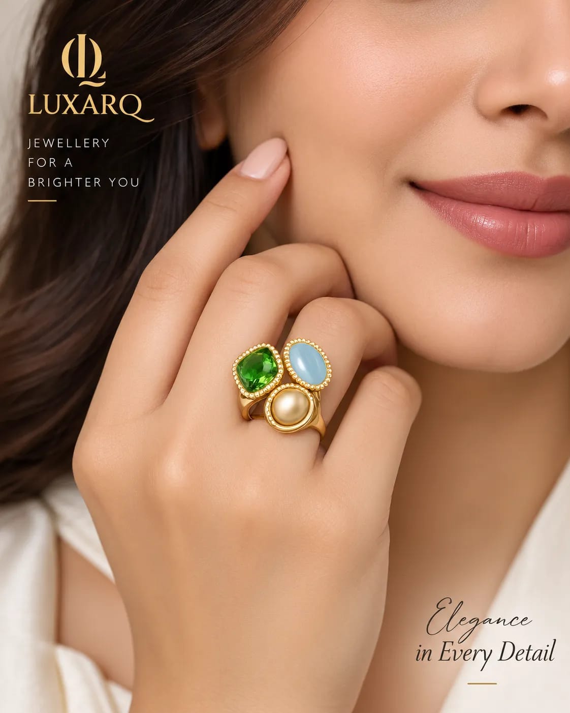 Trivella Green Blue Triple Stone Statement Ring