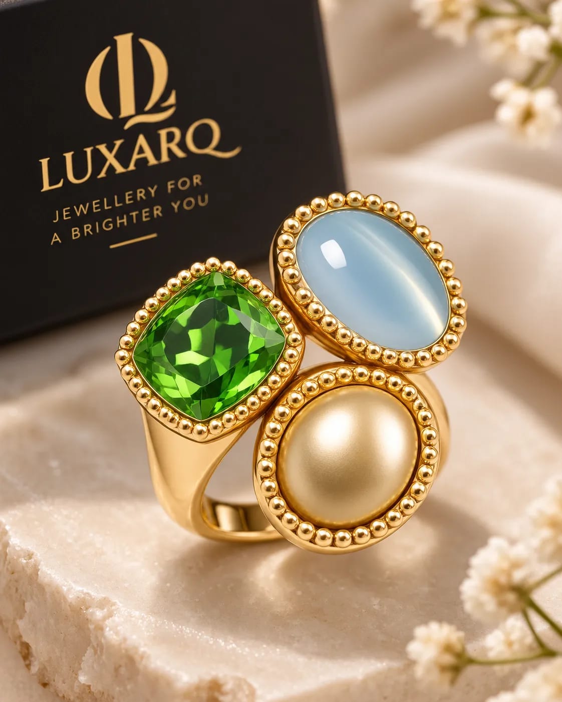 Trivella Green Blue Triple Stone Statement Ring