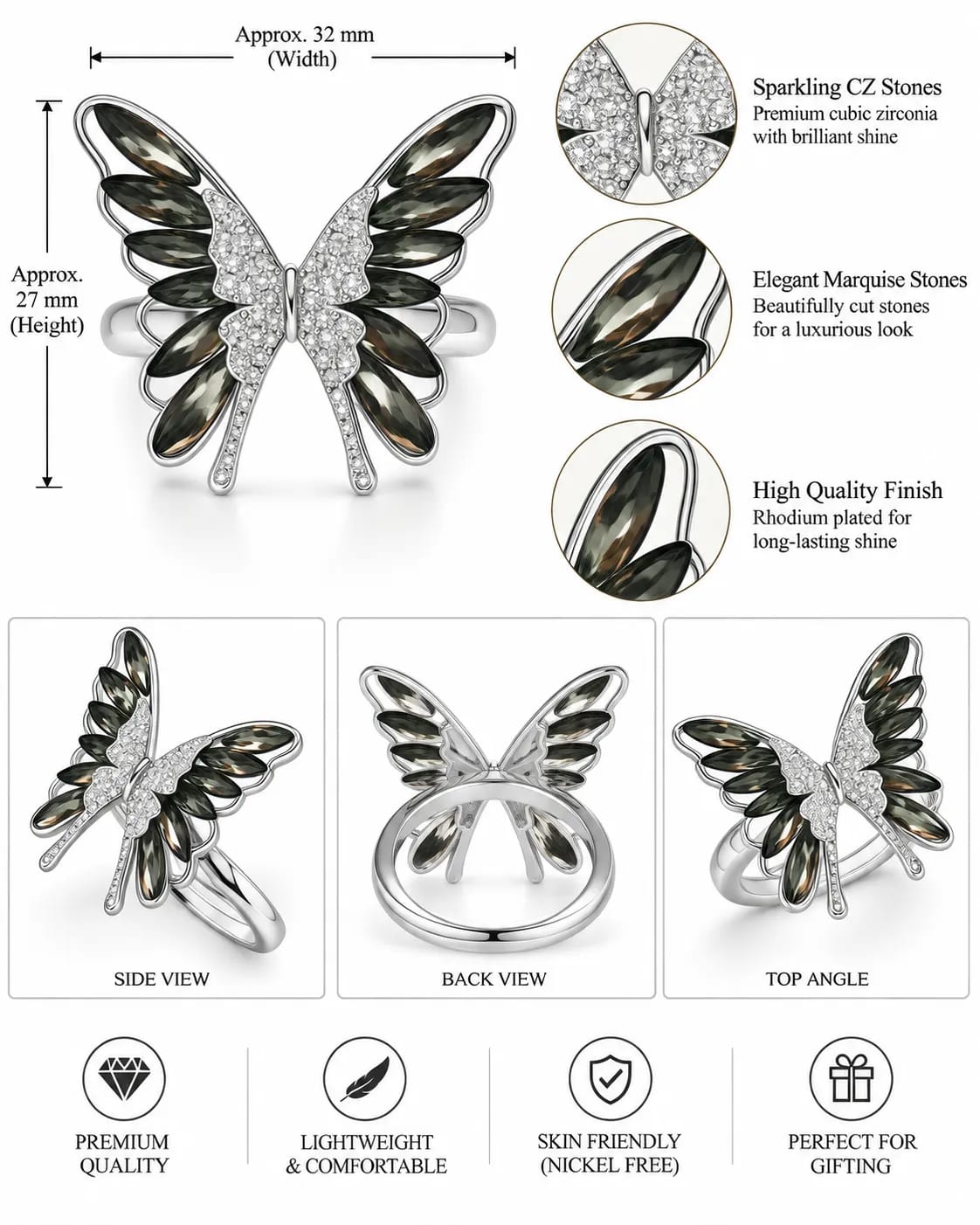Noelle Smoky Butterfly CZ Statement Ring