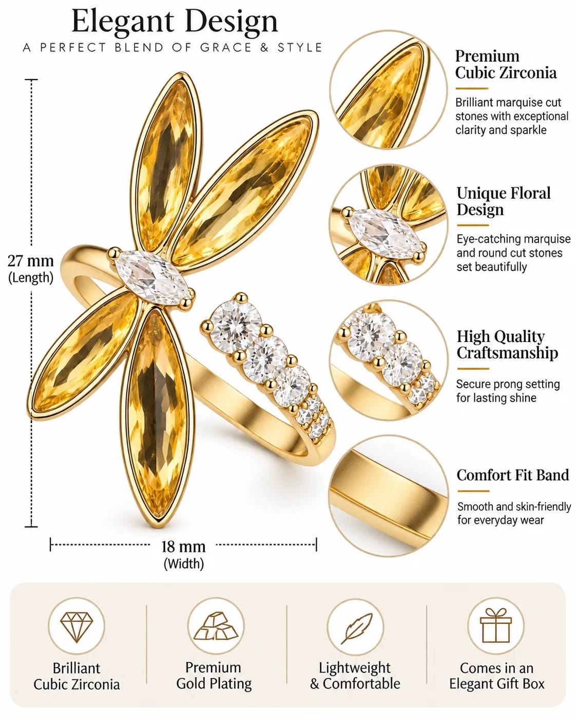 Marigold Floral CZ Statement Ring