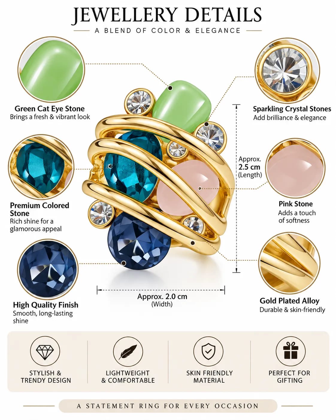 Colorielle Golden Multicolour Statement Ring