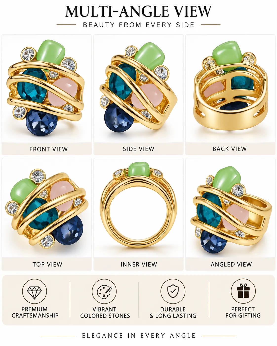 Colorielle Golden Multicolour Statement Ring