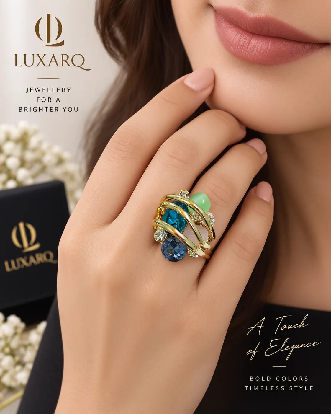 Colorielle Golden Multicolour Statement Ring