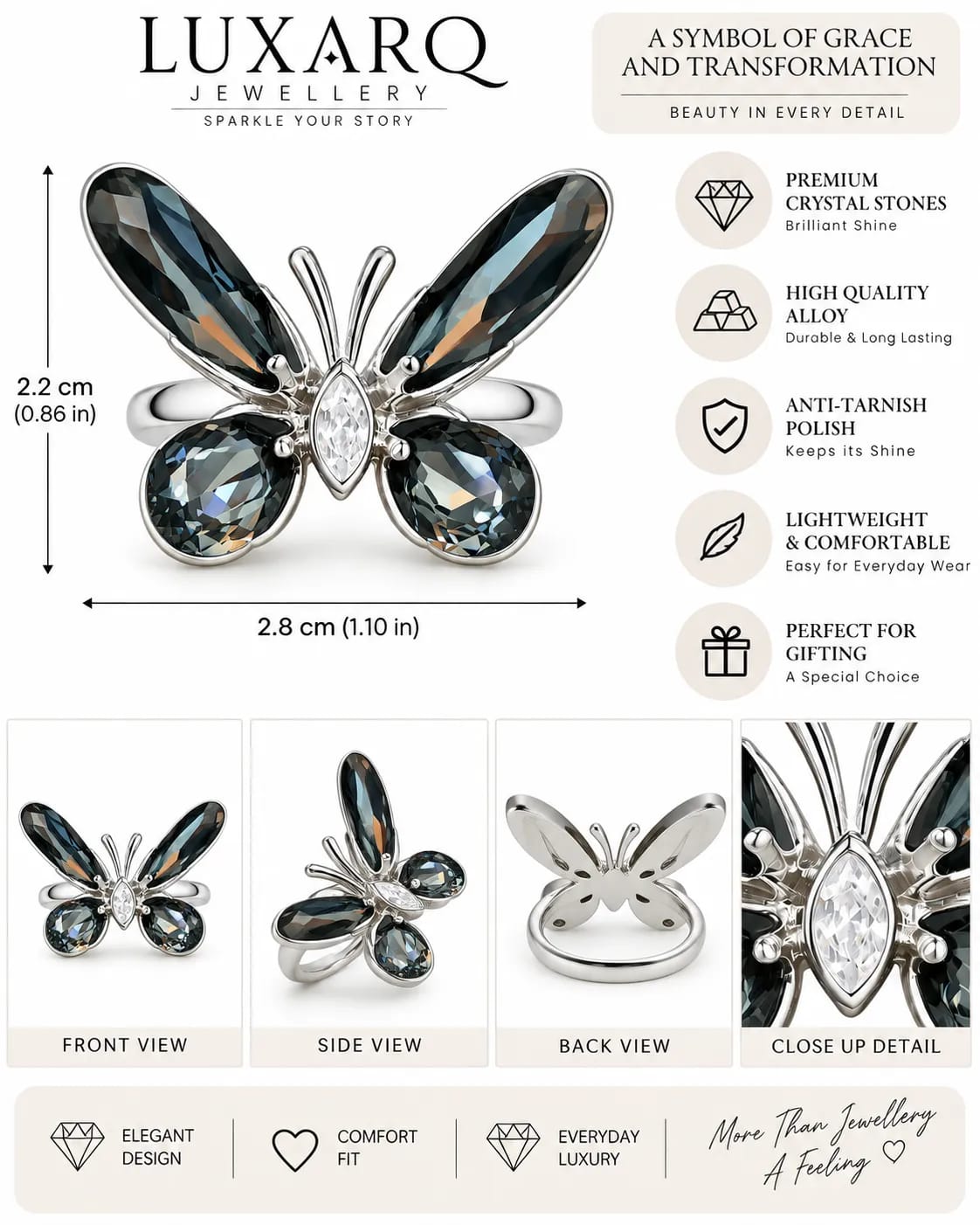 Lunessa Butterfly Rhodium Statement Ring