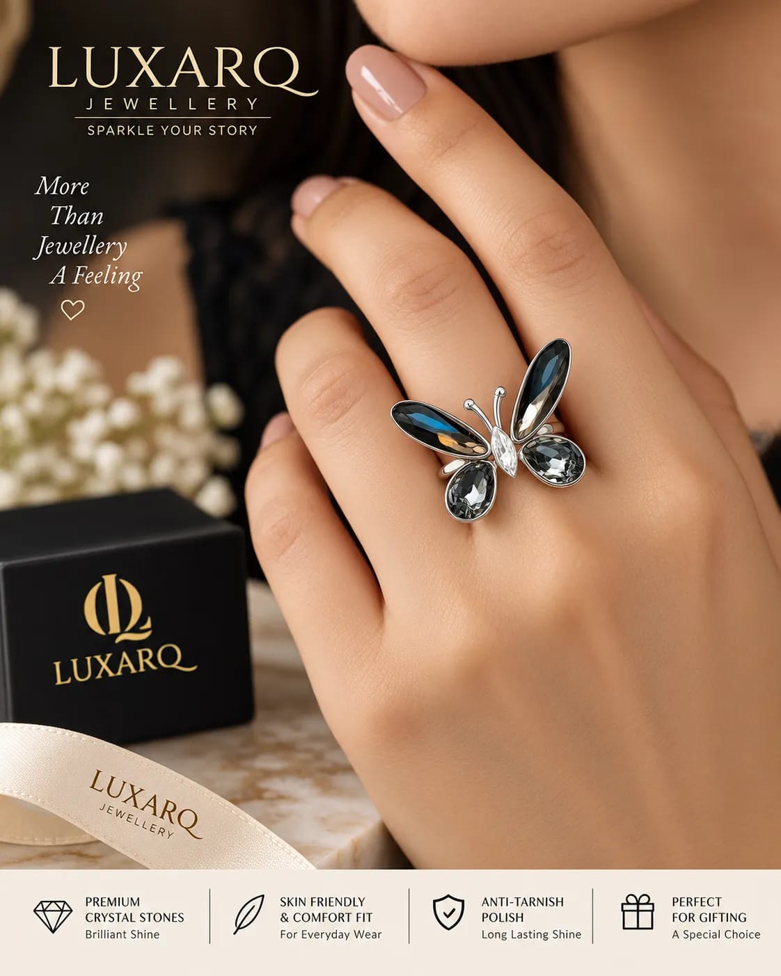 Lunessa Butterfly Rhodium Statement Ring