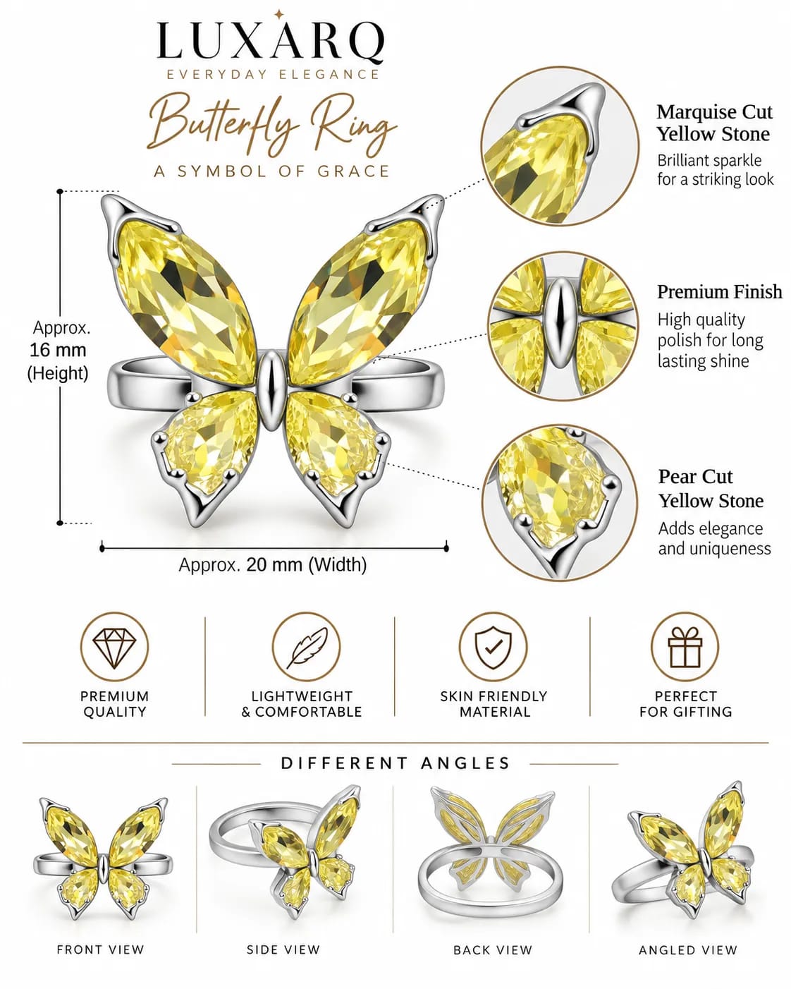 Butterfly Aurelia Yellow CZ Fashion Ring