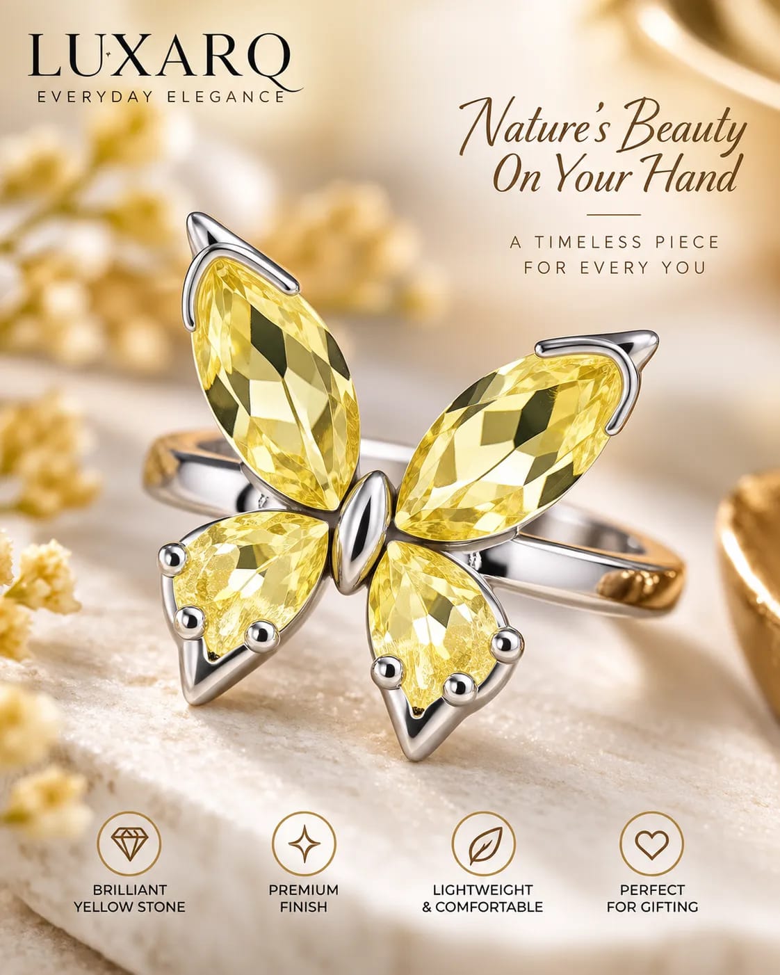 Butterfly Aurelia Yellow CZ Fashion Ring
