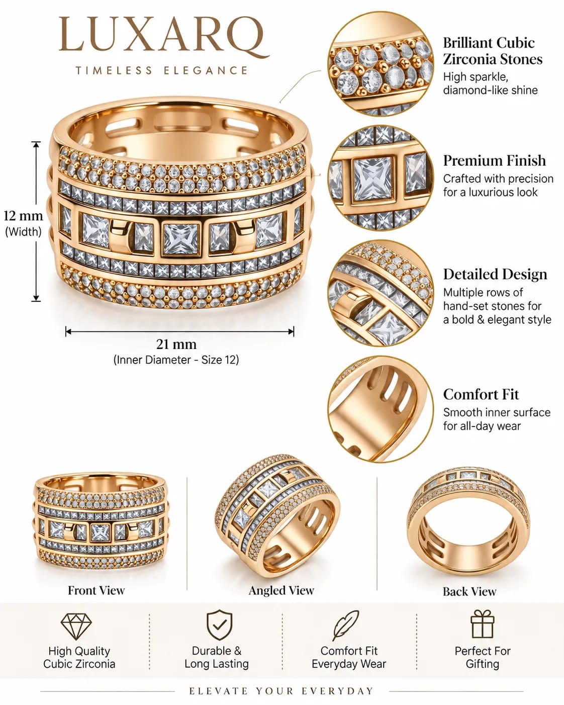 Celestra Gold CZ Statement Band Ring