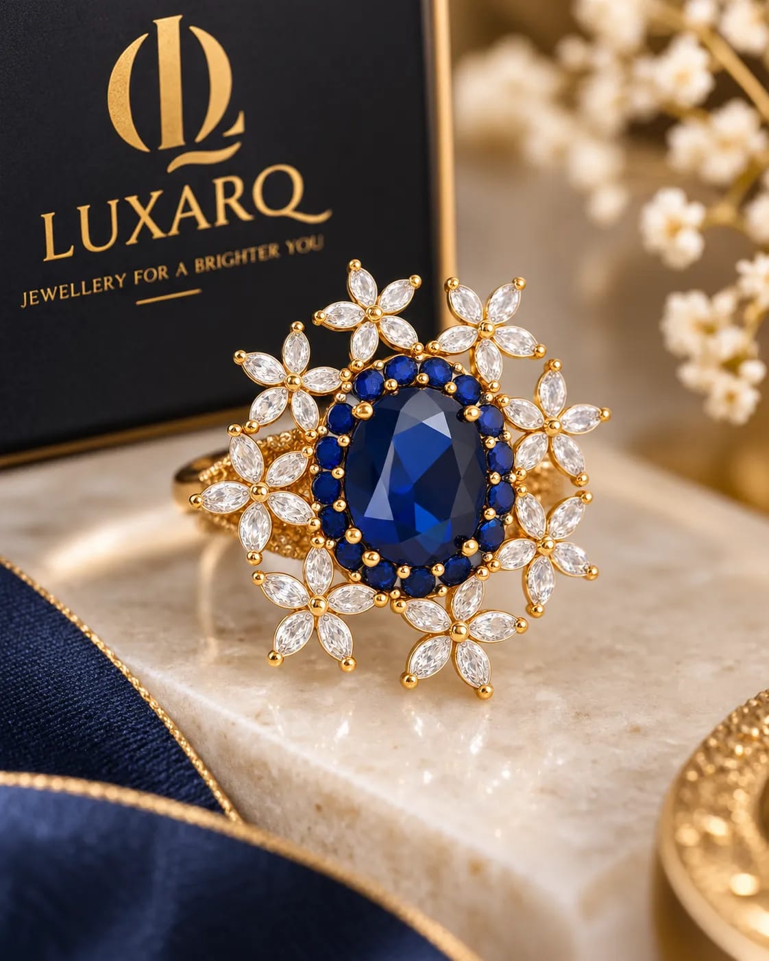 Azzura Blue Floral Statement Ring